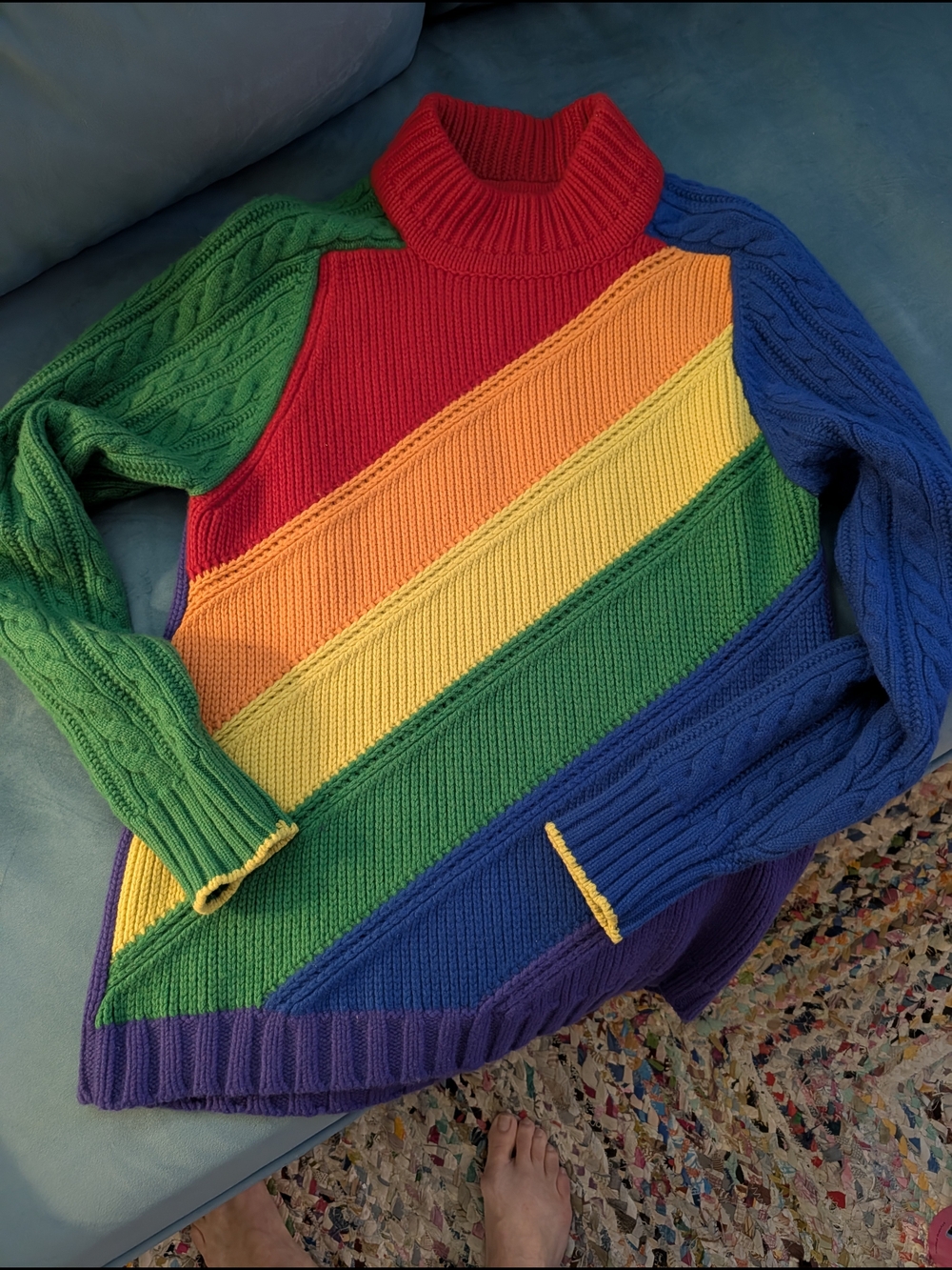 Rainbow Striped Cable Knit Turtleneck Sweater - Multicolor